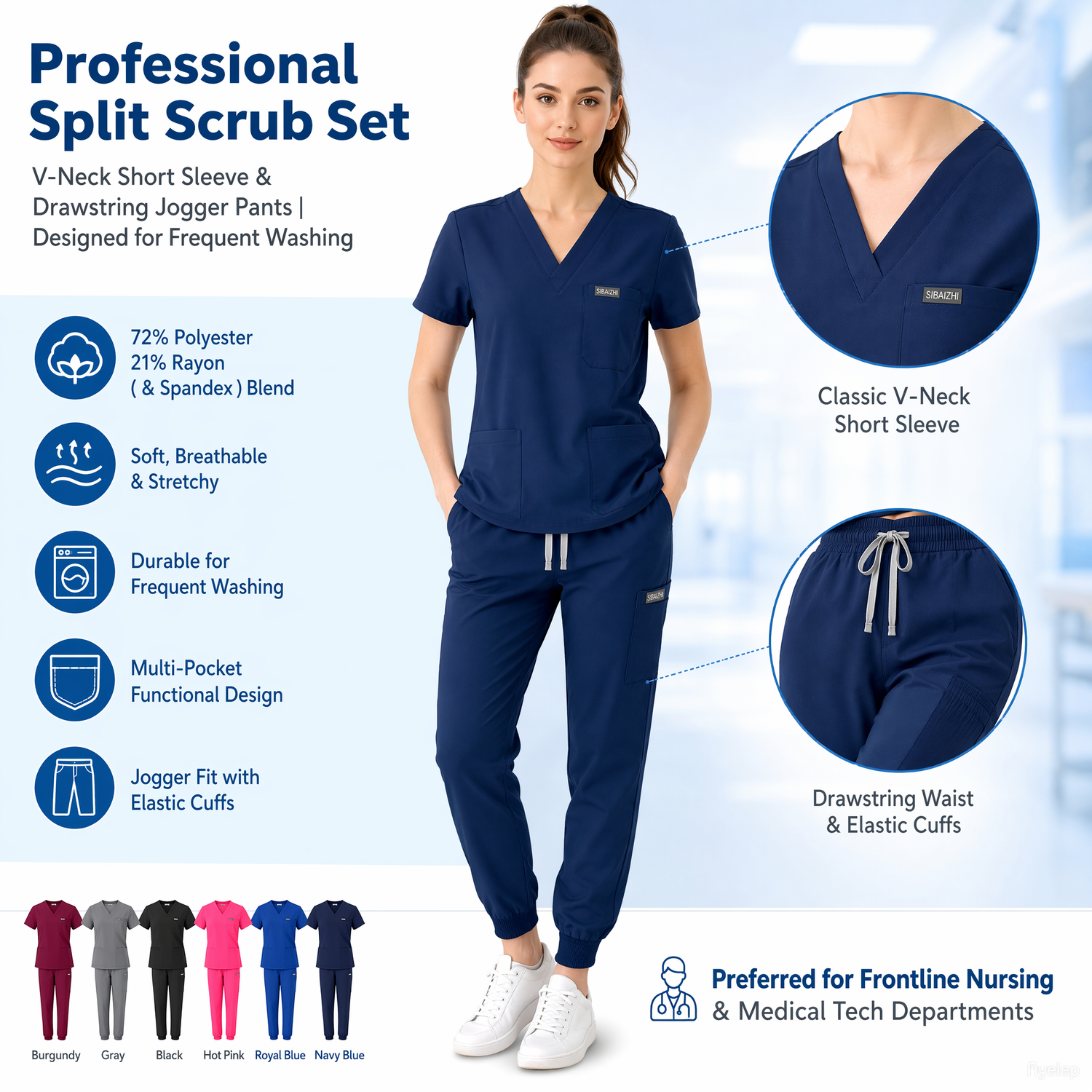 Women's Plus-Size Scrub Set, Solid Stand-Up Collar Top and Pants, Minimalist Polyester Spandex Workwear, Scrubs For Women