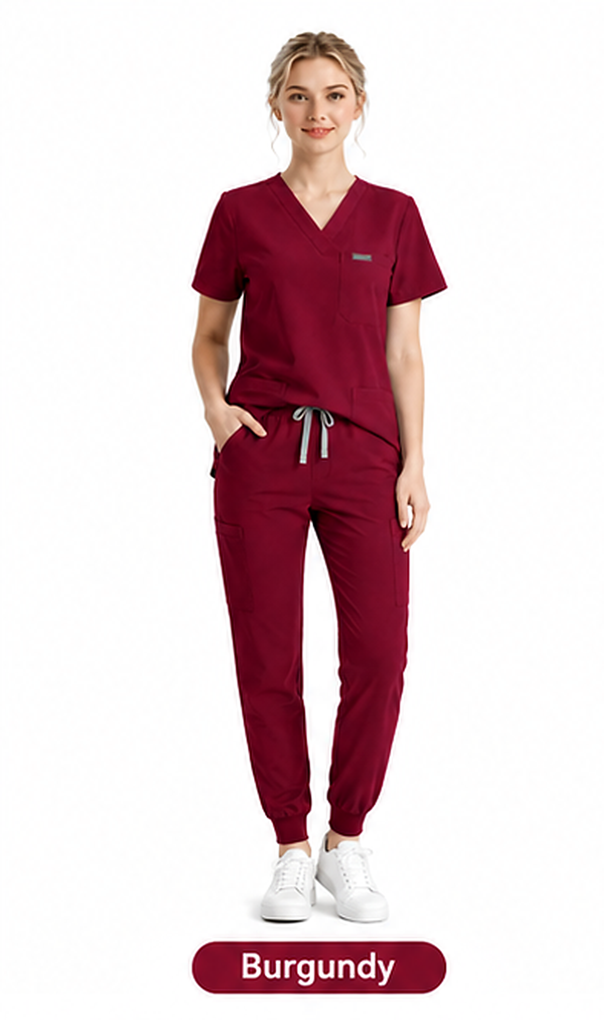 Women's Plus-Size Scrub Set, Solid Stand-Up Collar Top and Pants, Minimalist Polyester Spandex Workwear, Scrubs For Women