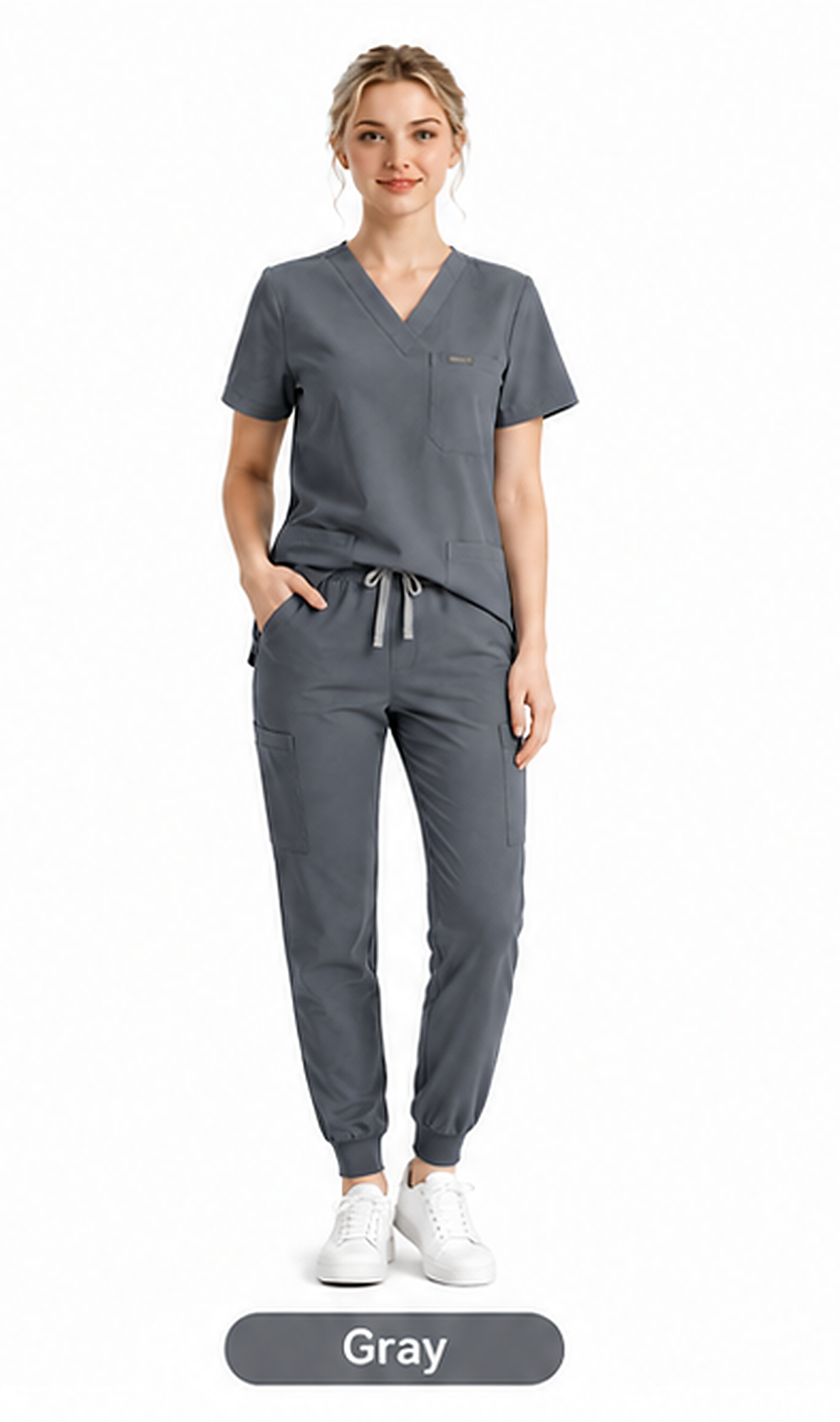 Women's Plus-Size Scrub Set, Solid Stand-Up Collar Top and Pants, Minimalist Polyester Spandex Workwear, Scrubs For Women