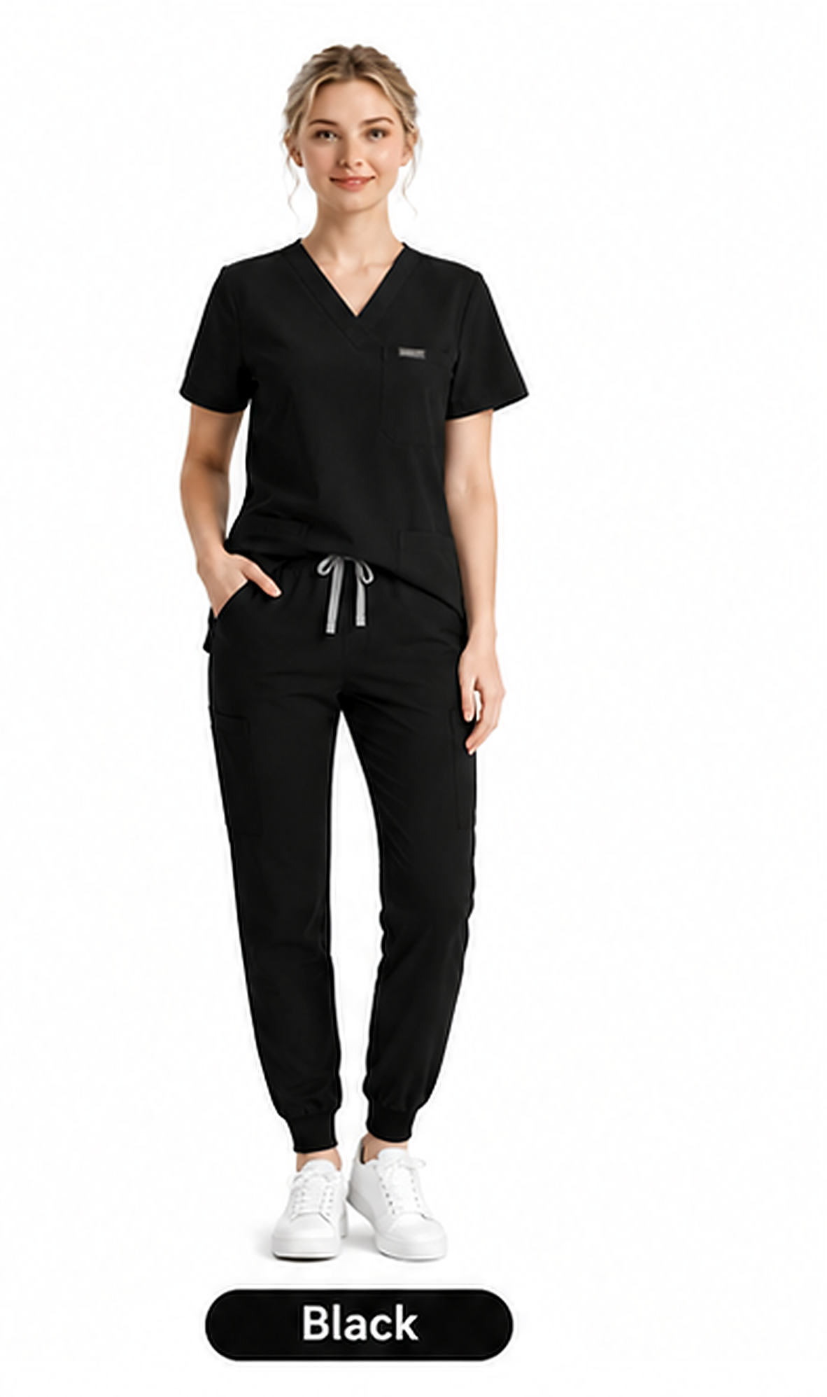 Women's Plus-Size Scrub Set, Solid Stand-Up Collar Top and Pants, Minimalist Polyester Spandex Workwear, Scrubs For Women