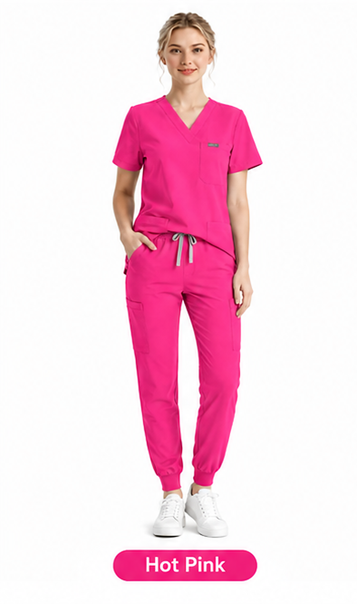 Women's Plus-Size Scrub Set, Solid Stand-Up Collar Top and Pants, Minimalist Polyester Spandex Workwear, Scrubs For Women