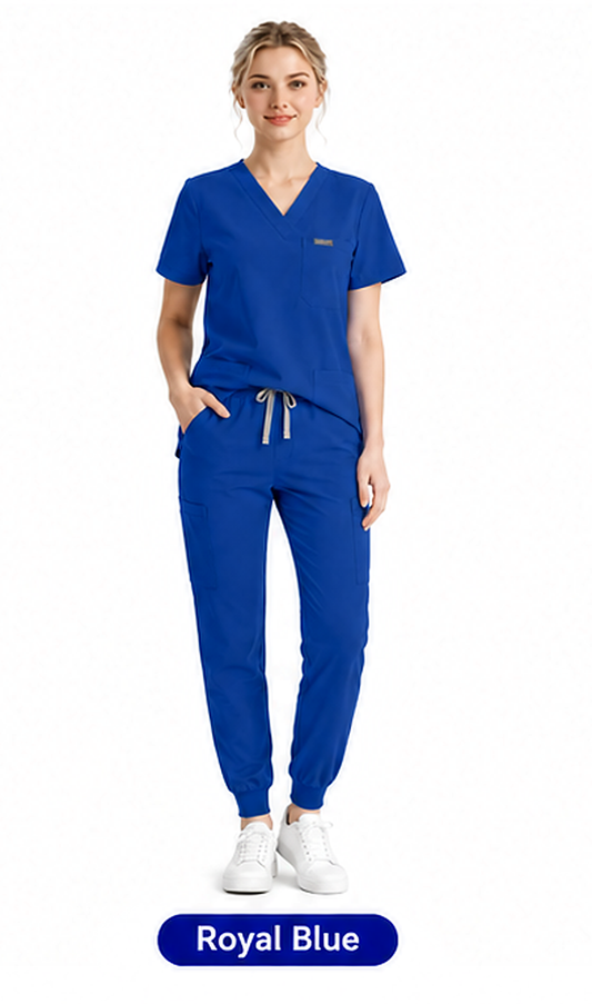 Women's Plus-Size Scrub Set, Solid Stand-Up Collar Top and Pants, Minimalist Polyester Spandex Workwear, Scrubs For Women