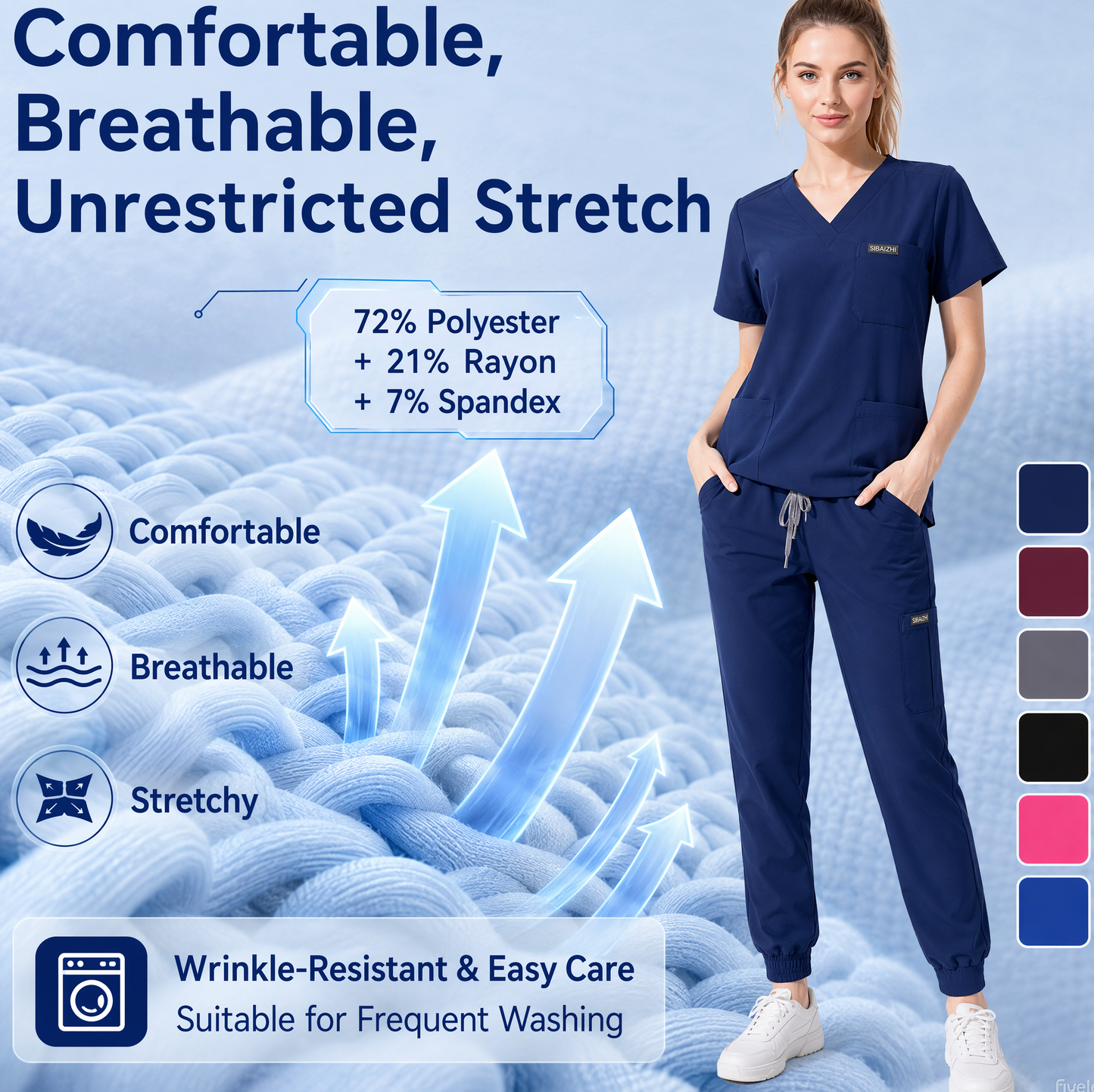 Women's Plus-Size Scrub Set, Solid Stand-Up Collar Top and Pants, Minimalist Polyester Spandex Workwear, Scrubs For Women