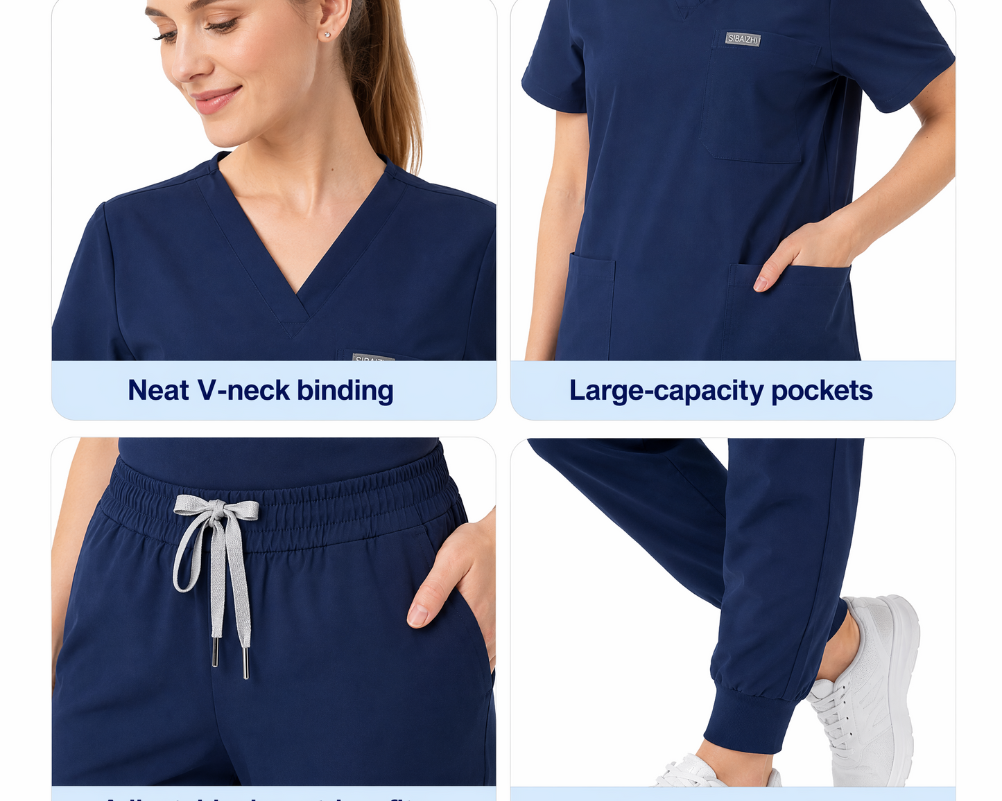 Women's Plus-Size Scrub Set, Solid Stand-Up Collar Top and Pants, Minimalist Polyester Spandex Workwear, Scrubs For Women