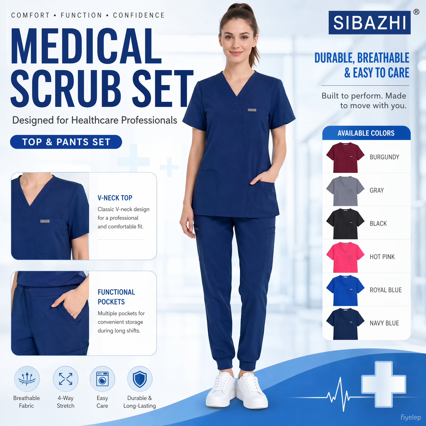 Women's Plus-Size Scrub Set, Solid Stand-Up Collar Top and Pants, Minimalist Polyester Spandex Workwear, Scrubs For Women