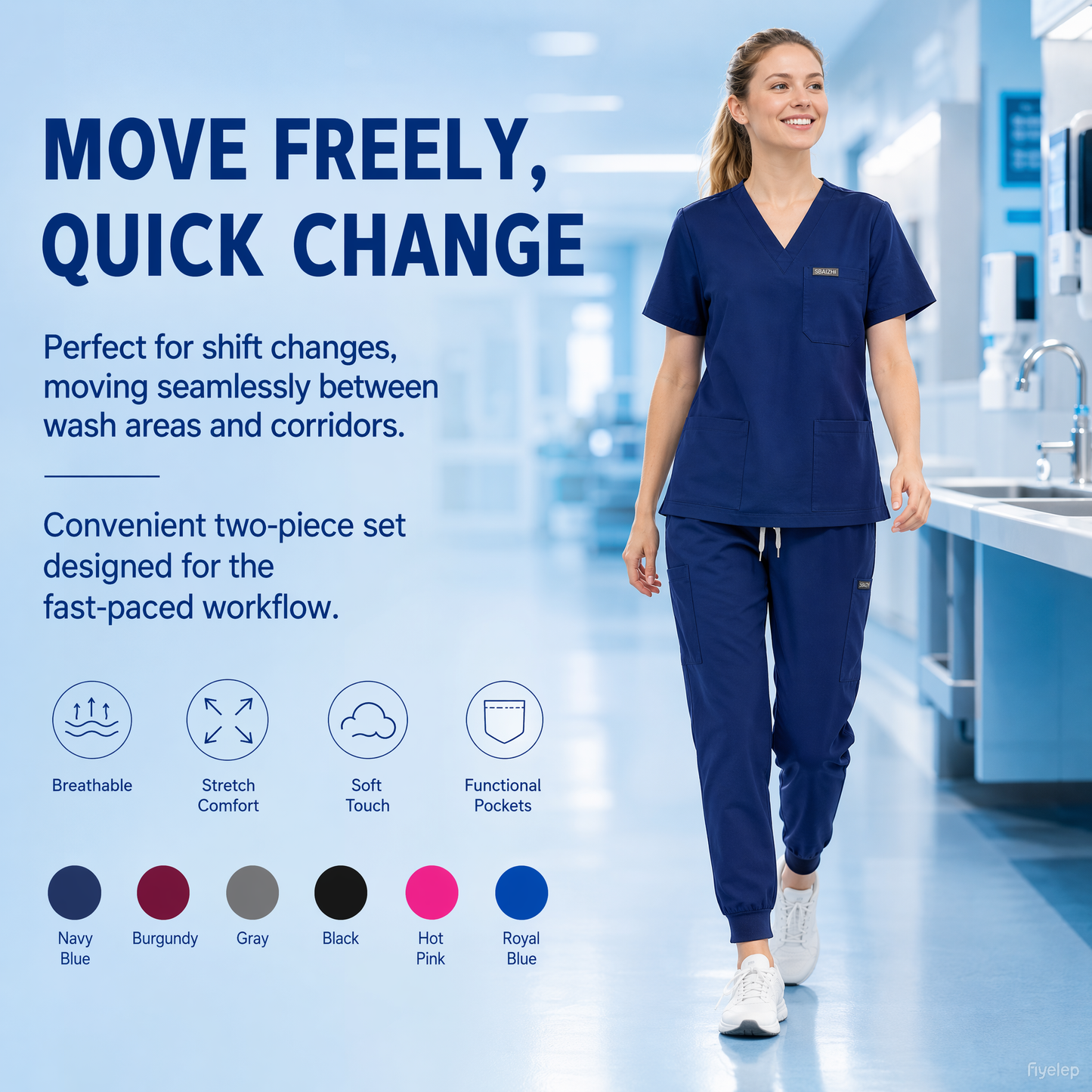 Women's Plus-Size Scrub Set, Solid Stand-Up Collar Top and Pants, Minimalist Polyester Spandex Workwear, Scrubs For Women
