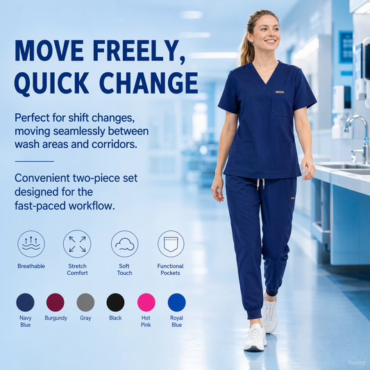 Women's Plus-Size Scrub Set, Solid Stand-Up Collar Top and Pants, Minimalist Polyester Spandex Workwear, Scrubs For Women